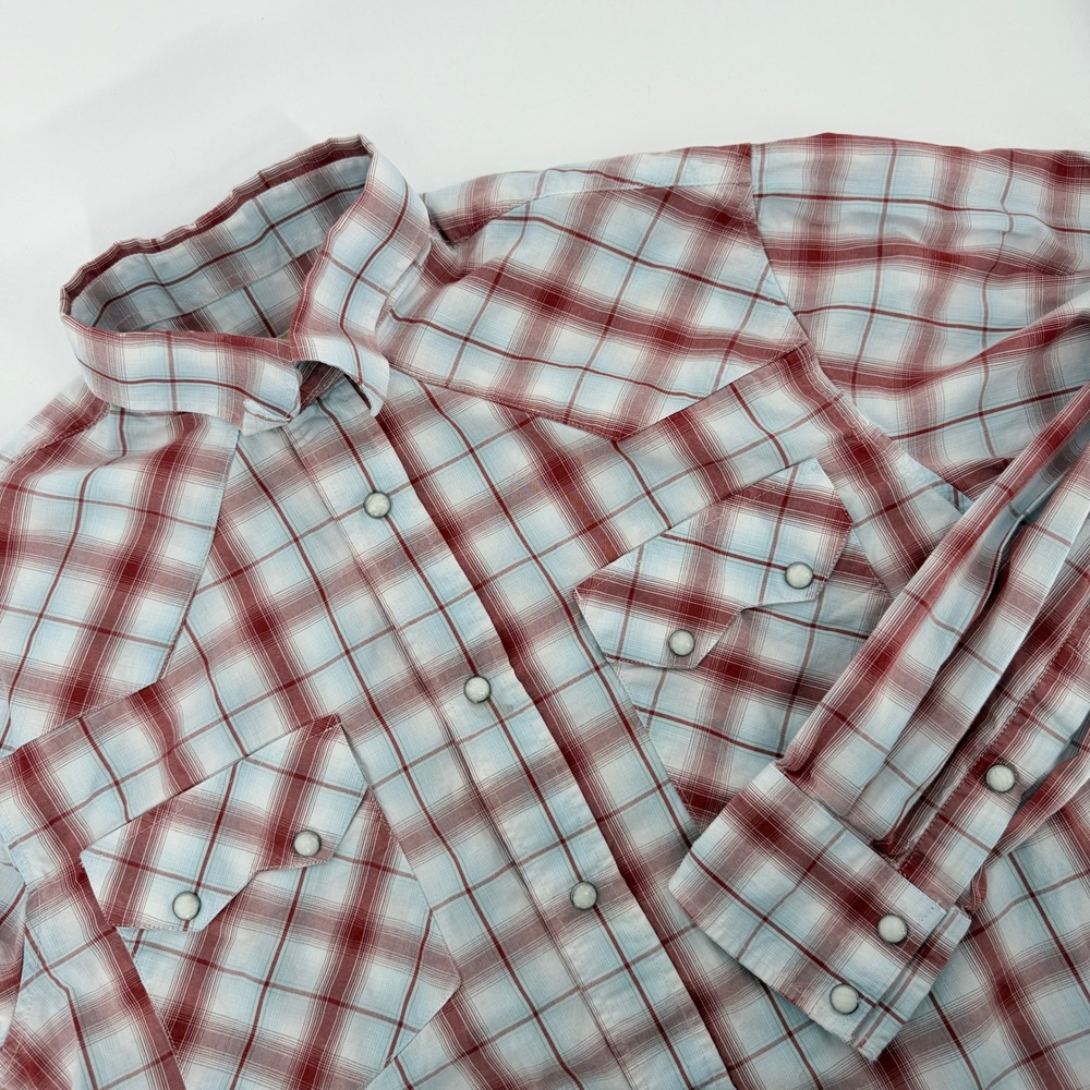 Cowboy Legend Mens Red White Plaid Western Pearl Snap Shirt Long Sleeve Medium